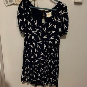 Anthropologie Navy Midi Dress with White Leaf Print